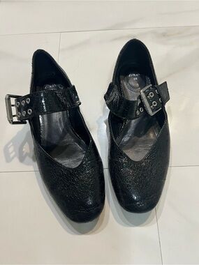 Zara Black Textured Leather Mary Jane Flats with Buckle
